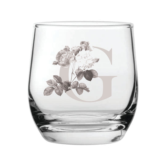 Engraved Glass Tumblers With a Botanical Style Initial