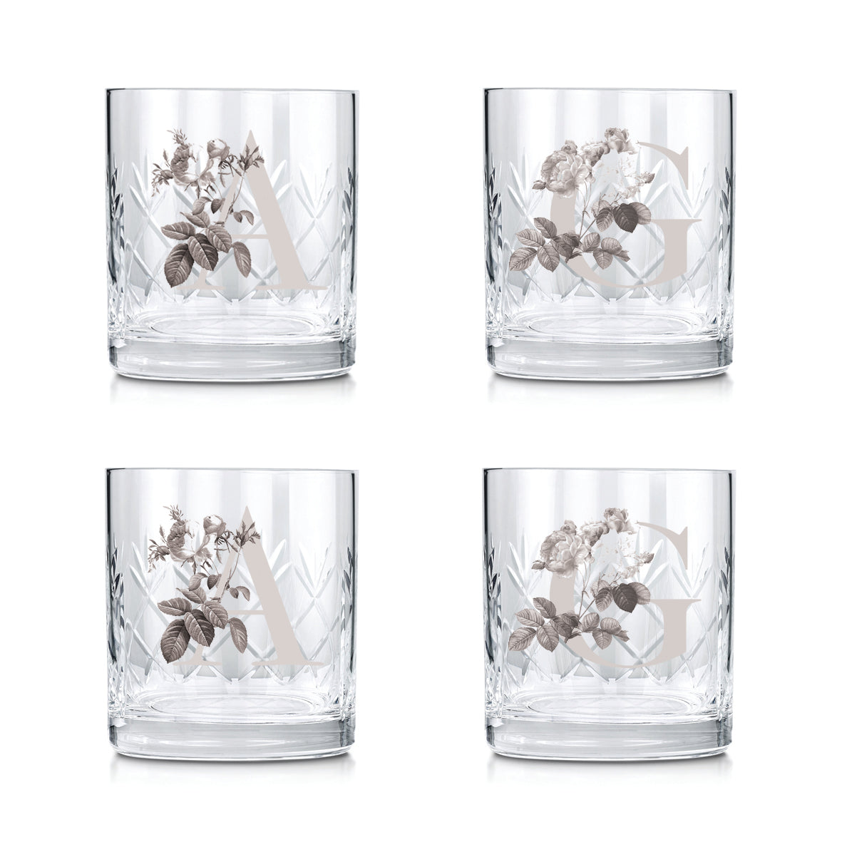 Engraved Cut Glass Tumblers With A Botanical Styles Initial