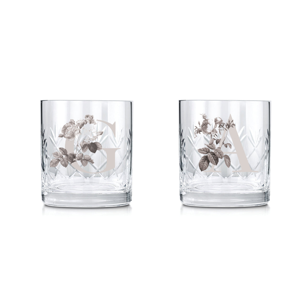 Engraved Cut Glass Tumblers With A Botanical Styles Initial