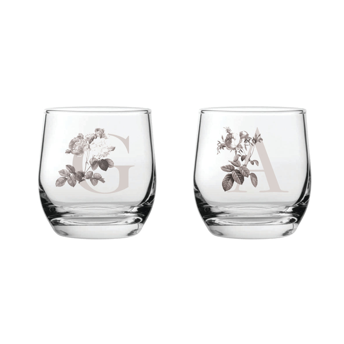 Engraved Glass Tumblers With a Botanical Style Initial