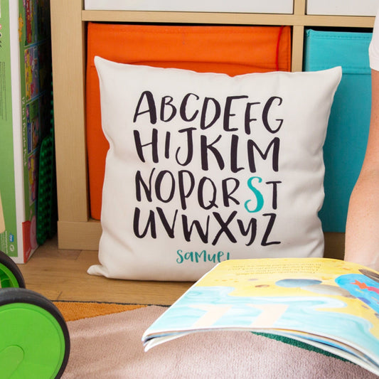 Monochrome Kids Bedroom Modern Nursery Accessory - A-Z Alphabet Cushion Print Personalised - New Baby Gift