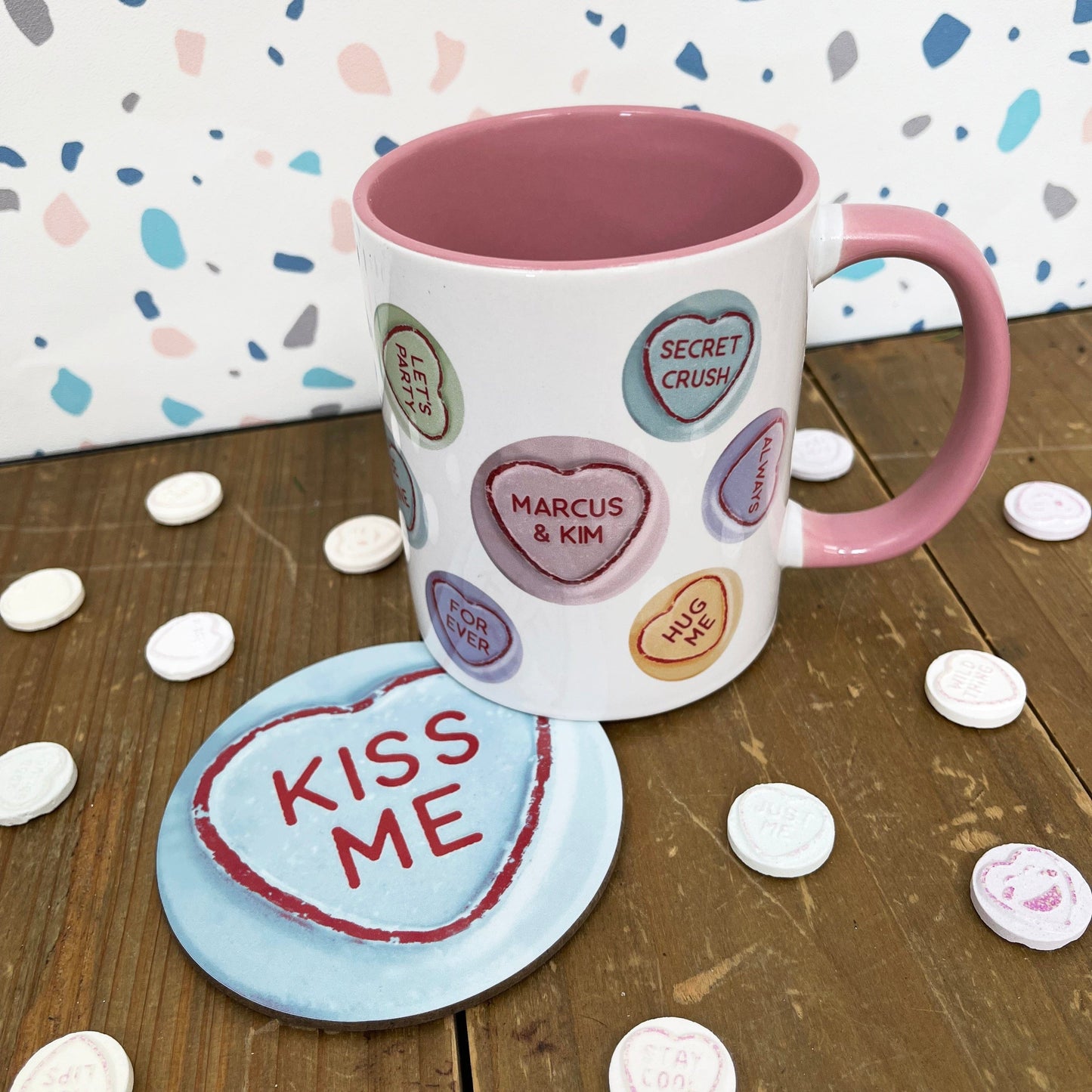 Personalised Love Hearts Mug and Coaster | Cute Customised Gift | Girlfriend Couple Engagement or Wedding Present