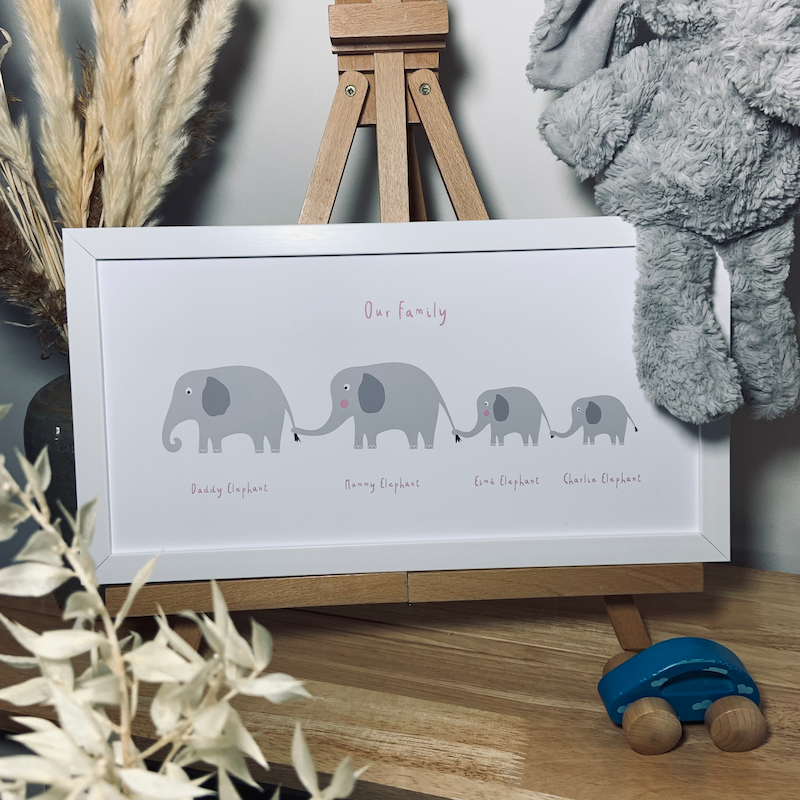 Elephant family print representing our new baby collection