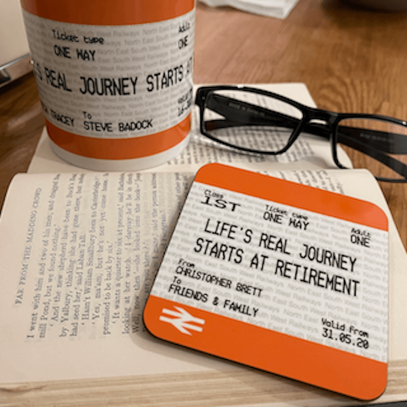retirement train ticket mug & coaster set representing our retirement & leaving collection