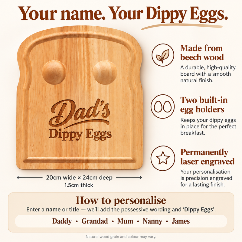 Personalised Dippy Eggs Breakfast Board – Engraved Wooden Egg & Soldiers Board