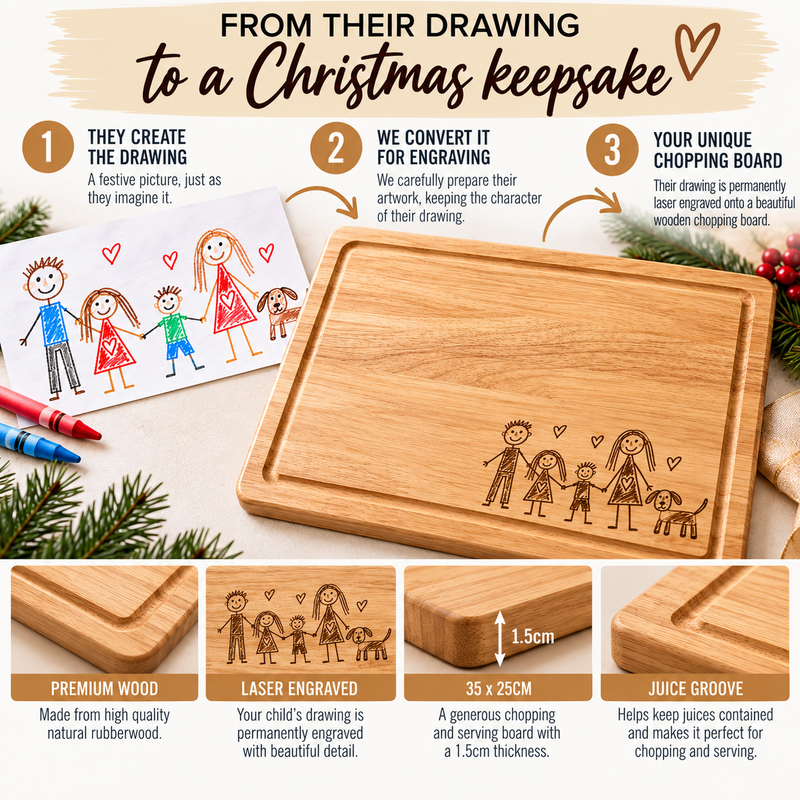 Your Child’s Drawing Christmas Chopping Board – Personalised Engraved Wooden Keepsake