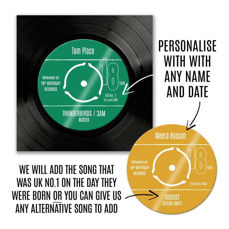 Personalised 18th Birthday Greetings Card Optional Coaster - With Number 1 Single Day Born Or Favourite Song