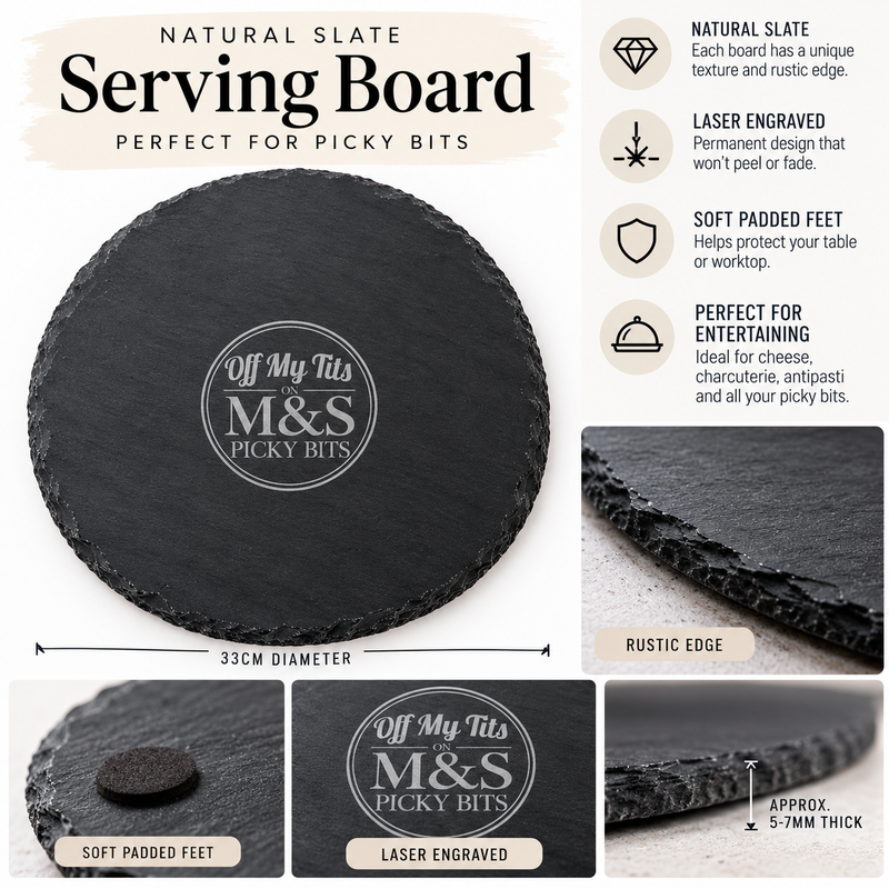 Off My Tits on M&S Picky Bits Round Engraved Slate Serving Board – 33cm