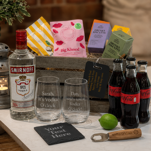 Smirnoff vodka gift crate with custom engraved glass reading “Sarah, It’s Vodka O’clock” and "Dan, Sarah said It’s Vodka O’clock”