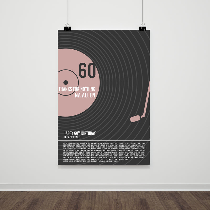 Gift For Birthday Or Wedding Anniversary - Personalised Song Lyrics Record Print - Typography Print For Him