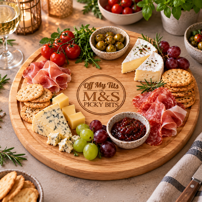 Off My Tits on M&S Picky Bits Round Engraved Wooden Chopping Board – 30cm