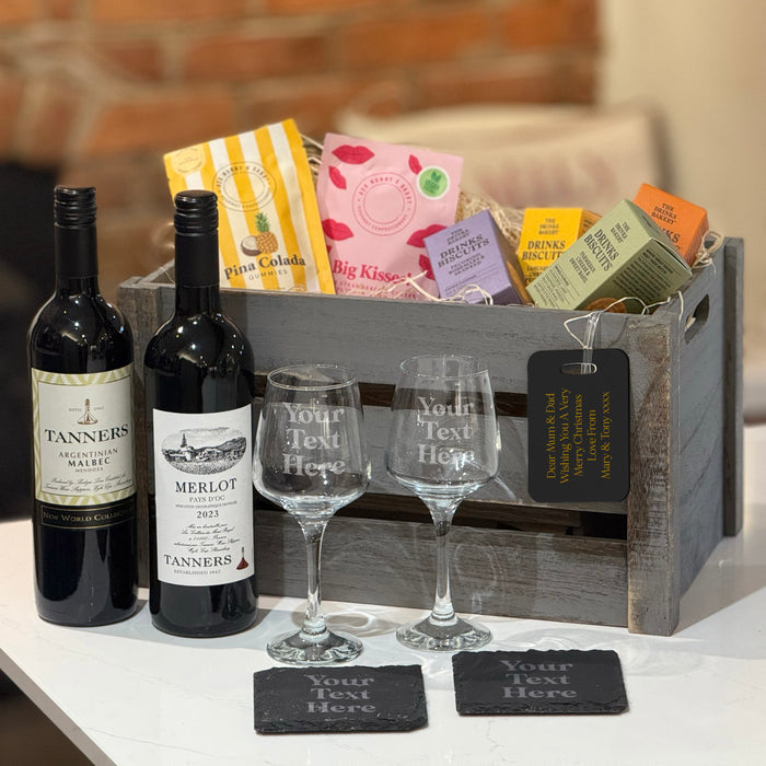 Personalised Double Red Wine Crate with two Tanners red wines, engraved glasses, and gourmet treats