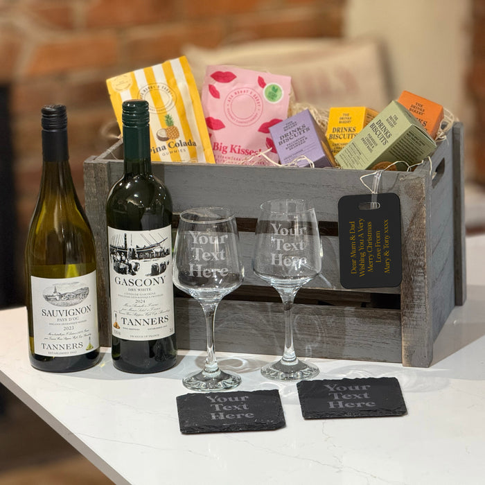 Personalised Double White Wine Crate Set – Two-Bottle Luxury Gift Hamper with Engraved Glasses & Treats