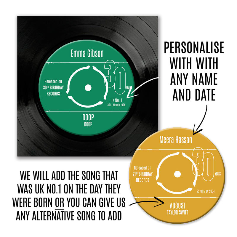 Personalised 30th Birthday Greetings Card Optional Coaster - With Number 1 Single Day Born Or Favourite Song