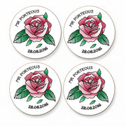 Set of four personalised vintage rose tattoo wedding and anniversary coasters