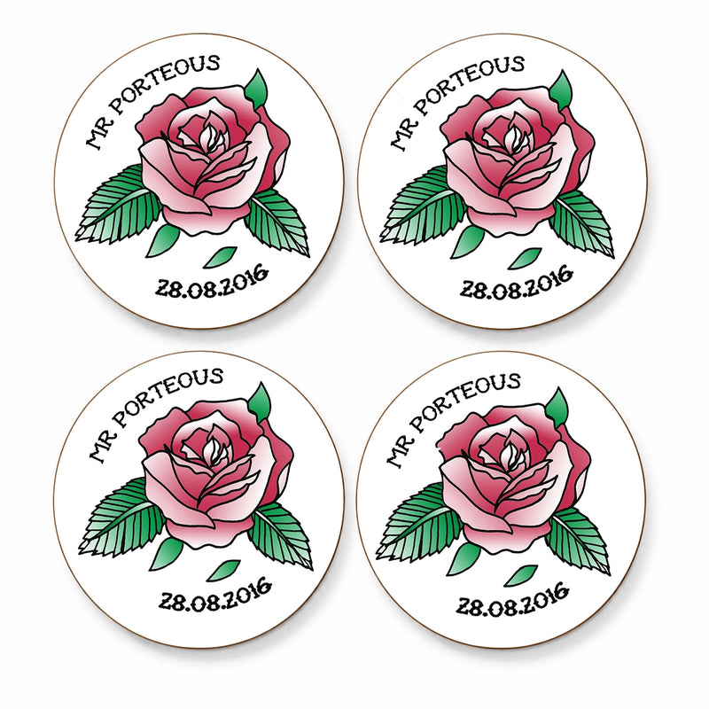Set of four personalised vintage rose tattoo wedding and anniversary coasters
