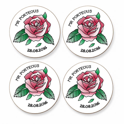 Set of four personalised vintage rose tattoo wedding and anniversary coasters