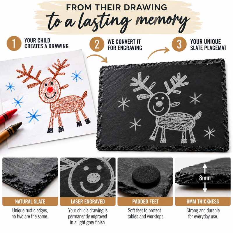 Your Child’s Drawing Christmas Placemat – Personalised Engraved Slate Keepsake