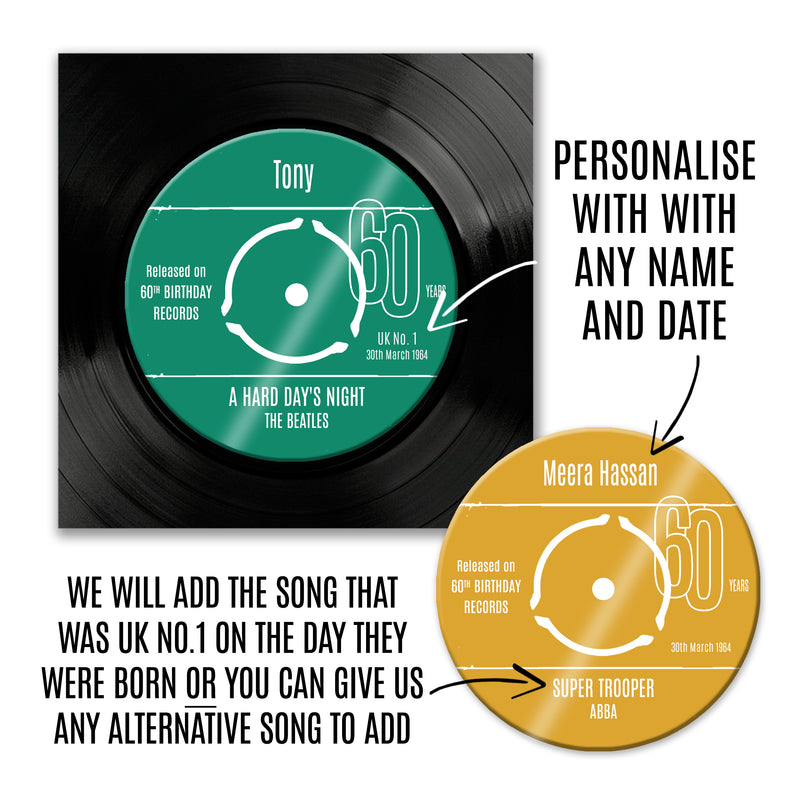 Personalised 60th Birthday Greetings Card Optional Coaster - With Number 1 Single Day Born Or Favourite Song