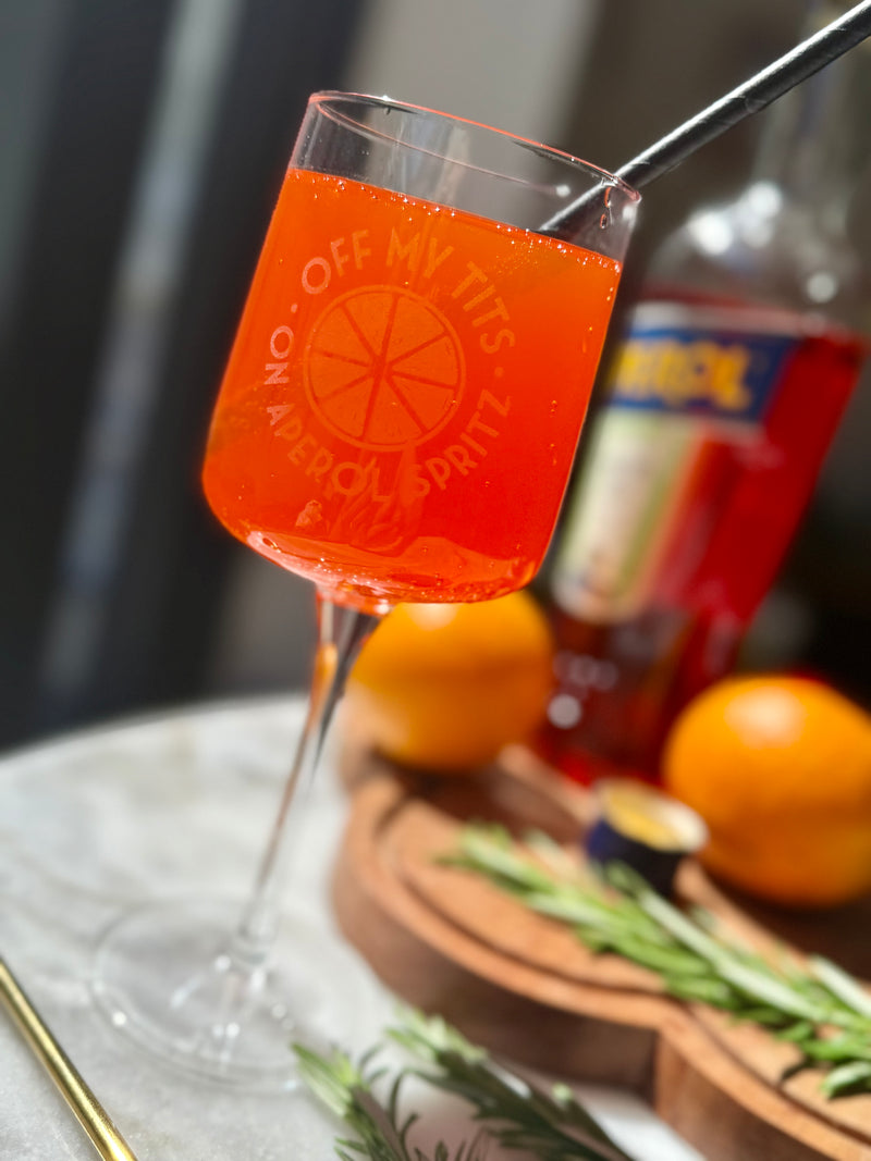 Off My Tits On Aperol Spritz Etched Glass – Funny Aperol Gift, Summer Cocktail Glass, Girls Night Out Glassware, Party Glass