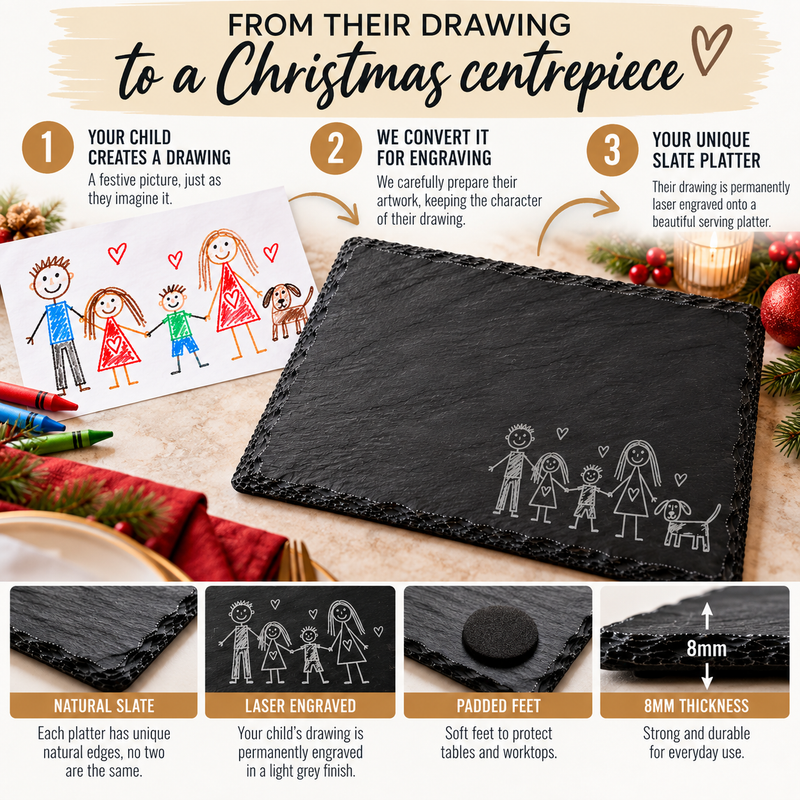 Your Child’s Drawing Christmas Serving Platter – Personalised Engraved Slate Keepsake