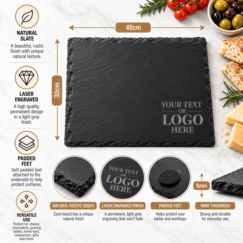 Personalised Engraved Slate Serving Platter – 40 × 30cm – Add Your Text or Logo
