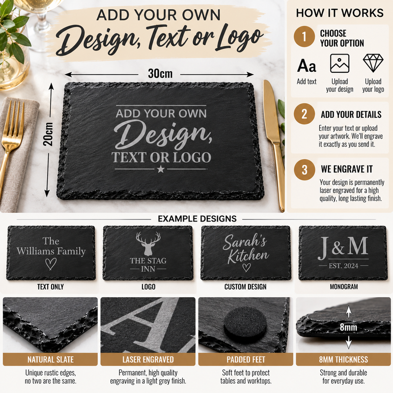 Personalised Slate Placemat – Add Your Own Design, Text or Logo – 30 × 20cm