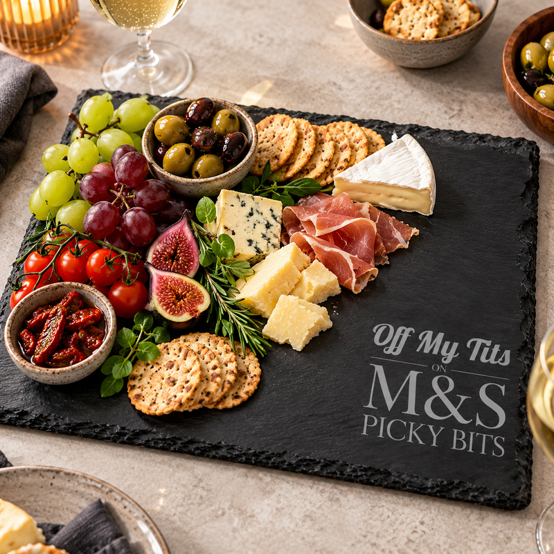 Off My Tits on M&S Picky Bits Engraved Slate Serving Board – 40 × 30cm