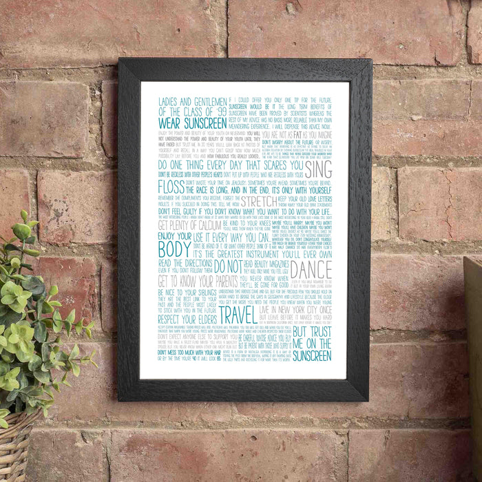 Graduation Gift - Baz Luhrmann Wear Sunscreen Class Of '99 Print - Leaving Or Good Luck Present