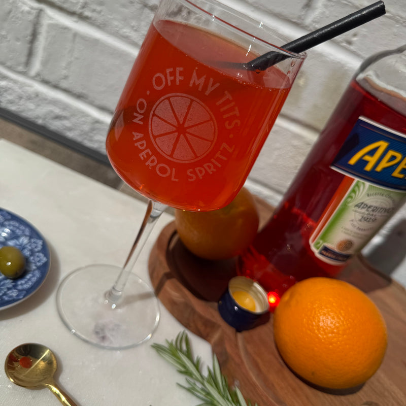 Off My Tits On Aperol Spritz Etched Glass – Funny Aperol Gift, Summer Cocktail Glass, Girls Night Out Glassware, Party Glass