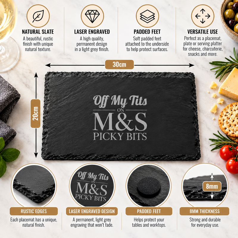 Off My Tits on M&S Picky Bits Engraved Slate Placemat – 30 × 20cm
