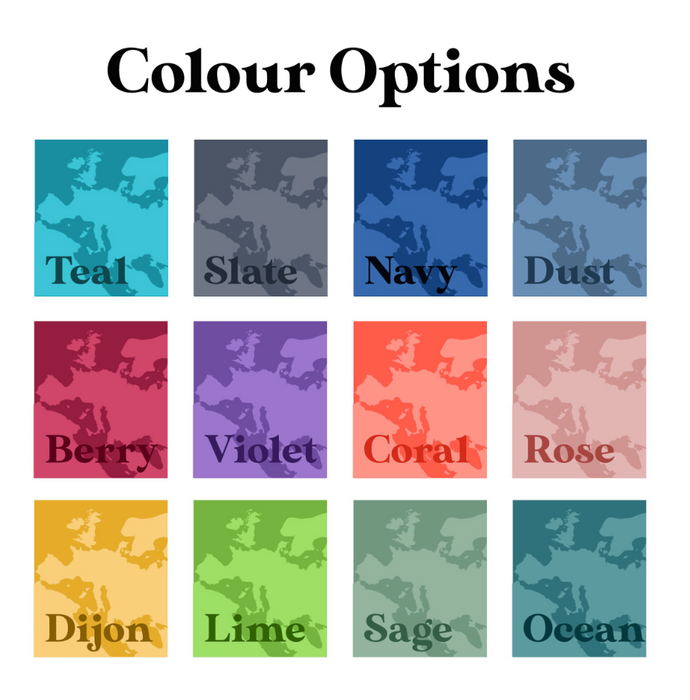 A colour chart showing twelve options for personalised passport holders and luggage tag sets. Colours include Teal, Slate, Navy, Dust, Berry, Violet, Coral, Rose, Dijon, Lime, Sage, and Ocean. Each swatch displays a subtle world map design for easy colour selection.