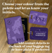 A violet personalised passport holder and matching luggage tags set featuring a world map and flight path design. The passport shows the initials “FST,” while the luggage tags display the same initials and contact details for “Fiona Turnbull.” Text overlay instructs customers to choose their colour and provide initials and optional contact information.
