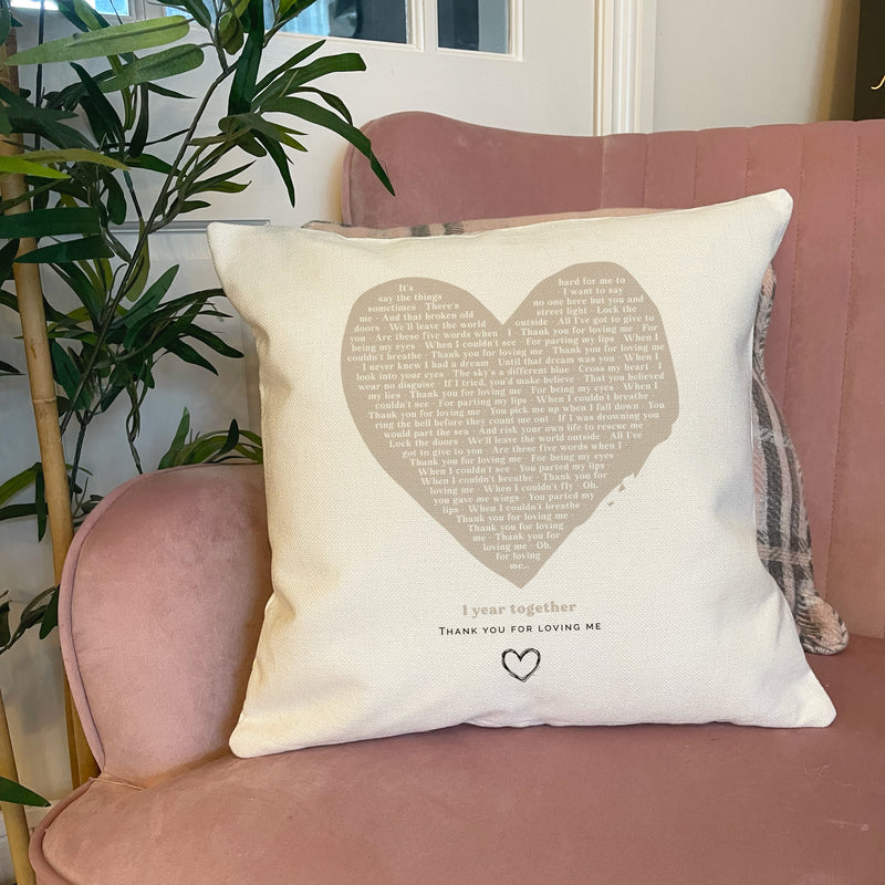 Personalised Abstract Heart Song Lyrics Cushion – Custom Names Romantic Gift