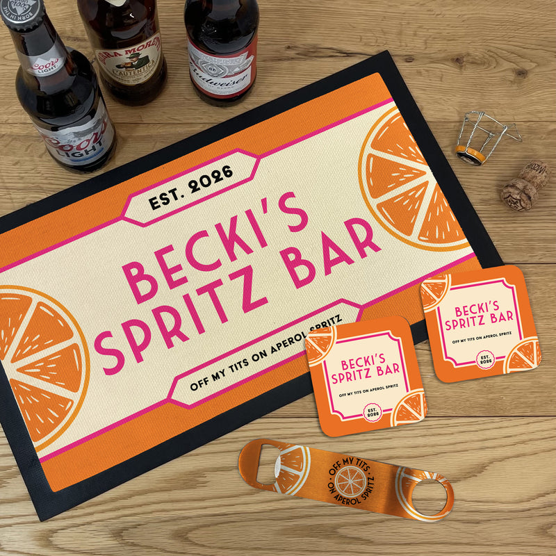 Personalised Aperol Spritz Bar Set – Mat, Coasters & Bottle Opener