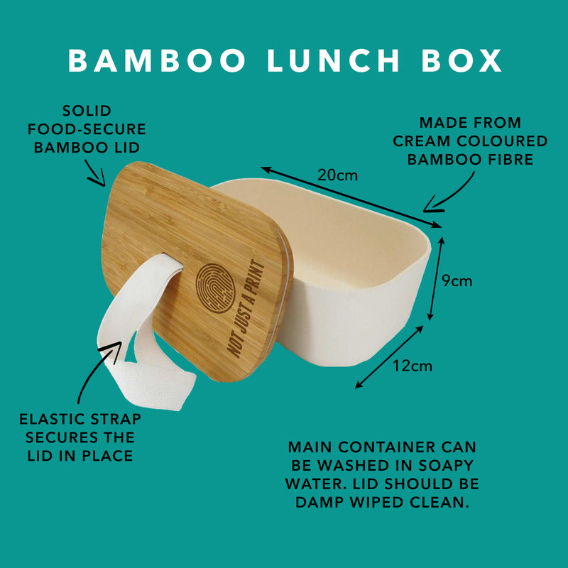 Eco-friendly bamboo lunch box for work, school, or picnics. Personalise with engraving. Great for take away meals.