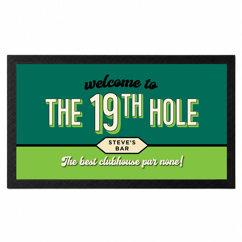 Personalised 19th Hole golf bar mat with custom Steve's Bar design