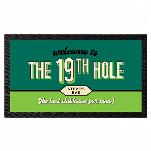 Personalised 19th Hole golf bar mat with custom Steve's Bar design