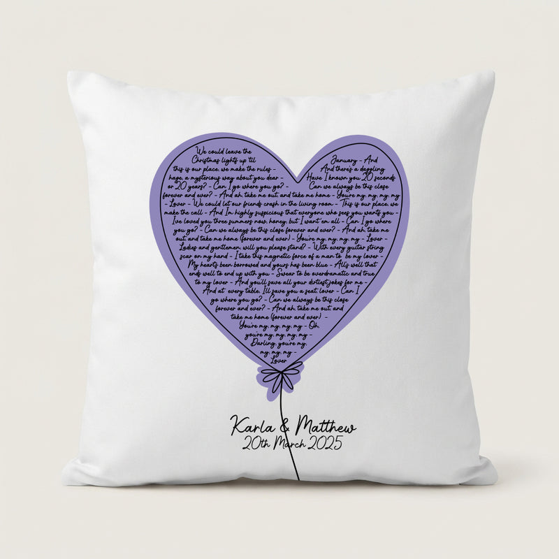 Personalised Heart Balloon Song Lyrics Cushion – Custom Love Song Gift