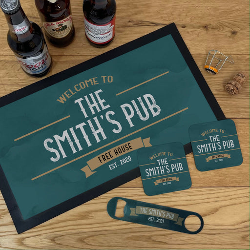 Build your own personalised Vintage Pub home bar set with matching bar mat, coasters, bar blade and glassware