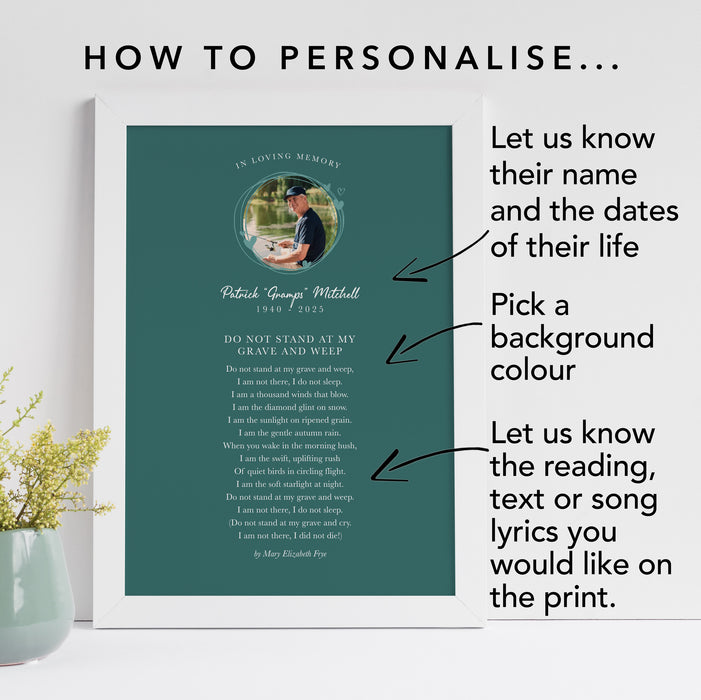 Personalised Memorial Poem Print  A Thoughtful Tribute Print of Any Poetry-Memorial , Reading, Speech, Typography Poster with Picture