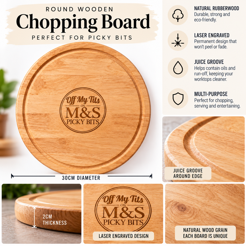 Personalised Round Wooden Chopping Board – Add Your Text, Design or Logo – 30cm