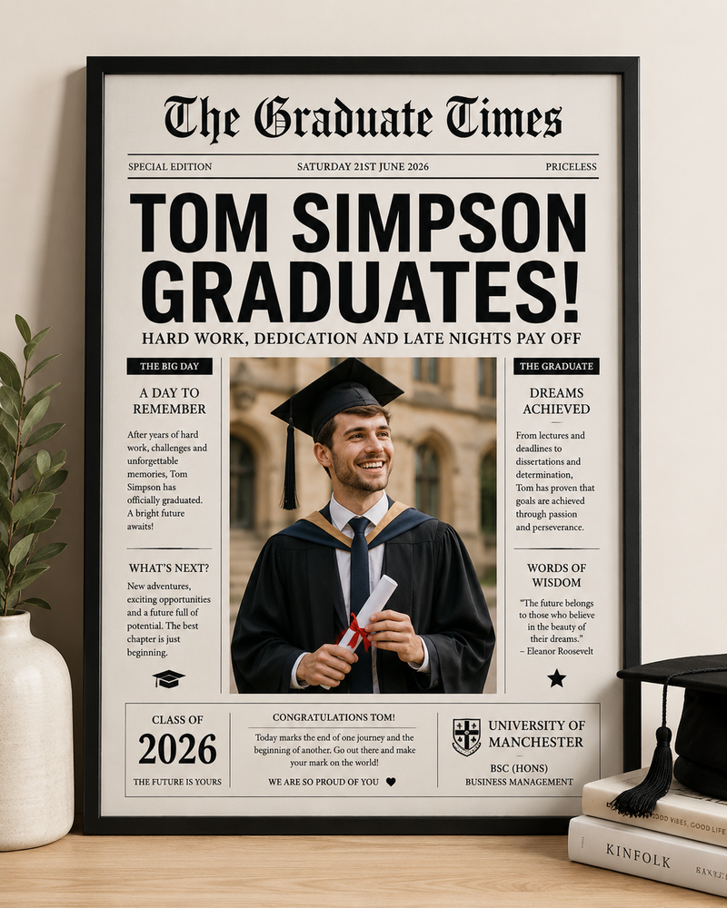 Personalised Graduation Newspaper Print | Custom Graduate Photo & University Gift