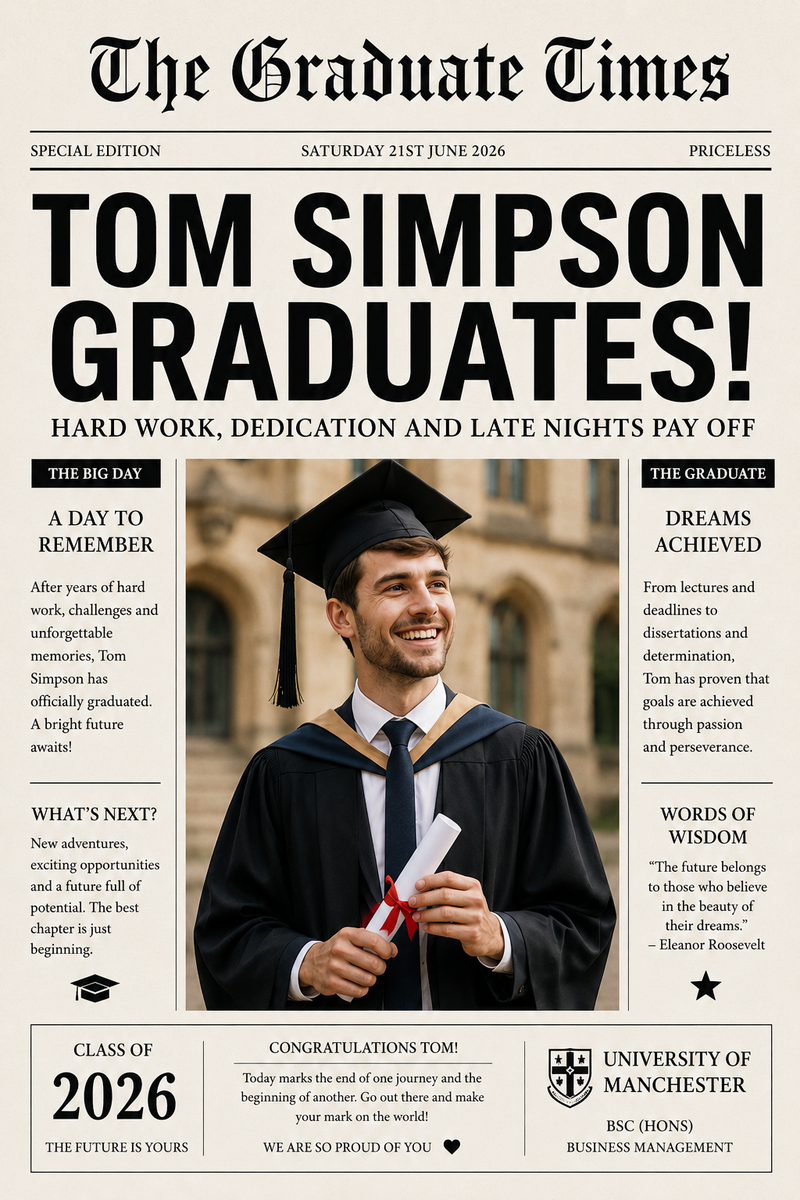 Personalised Graduation Newspaper Print | Custom Graduate Photo & University Gift