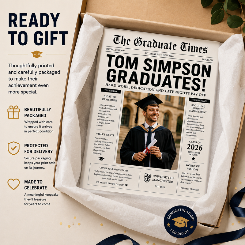 Personalised Graduation Newspaper Print | Custom Graduate Photo & University Gift