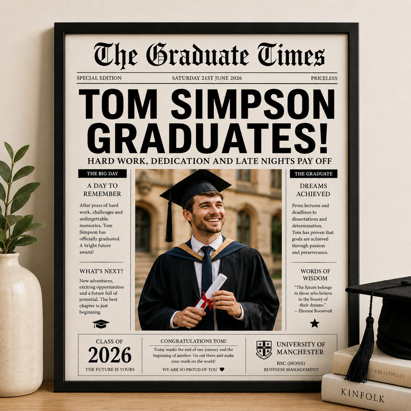 Personalised Graduation Newspaper Print | Custom Graduate Photo & University Gift