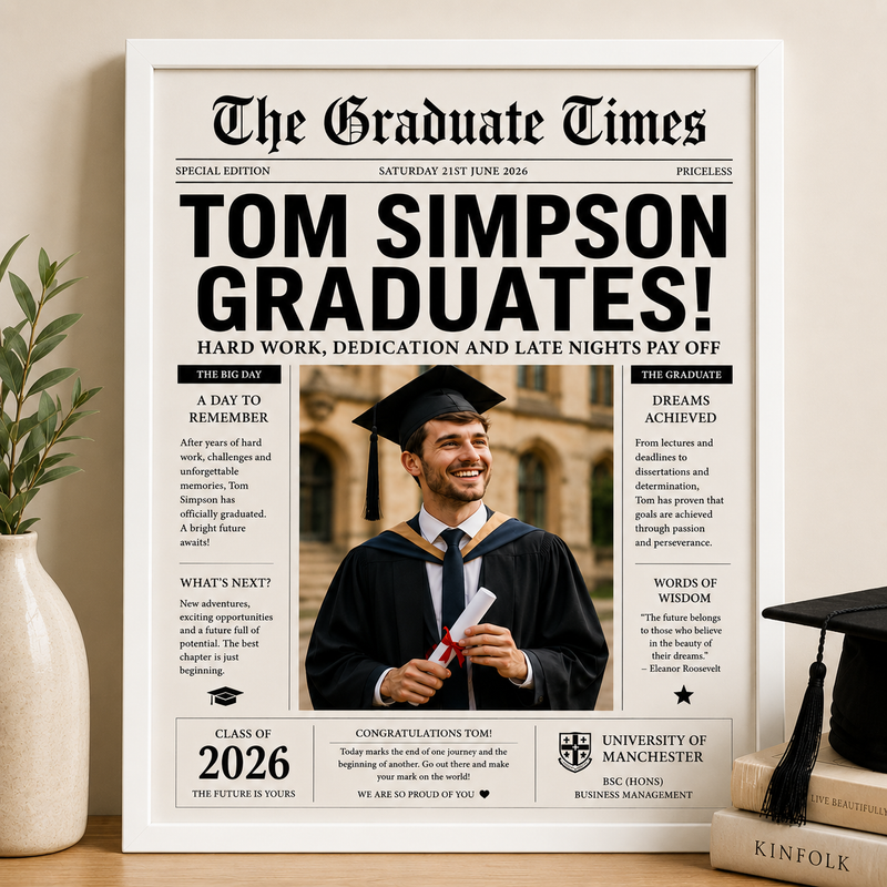 Personalised Graduation Newspaper Print | Custom Graduate Photo & University Gift