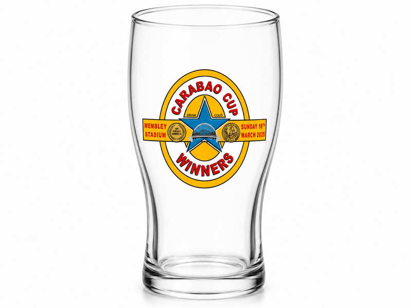 2025 Carabao Cup Winners Pint Glass with UV printed commemorative Toon winners badge design