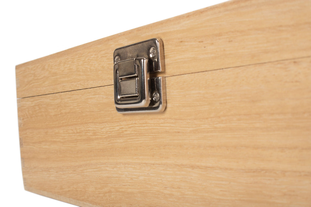 Close-up of the silver metal clasp on a light wooden wine box, showing fine craftsmanship and smooth wood grain texture