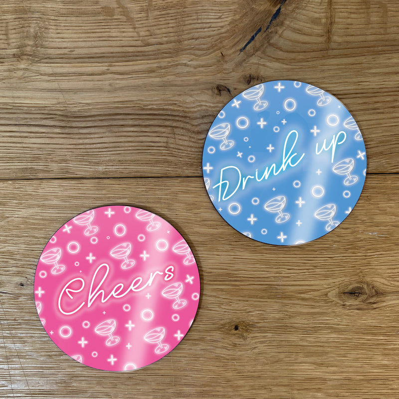 Cocktail Bar Coasters – Neon Cheers & Drink Up Design – Set of 4